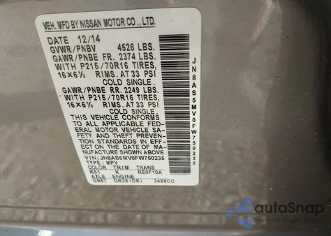 2015 Nissan Rogue Select S from USA, damaged, VIN JN8AS5MV0FW750235